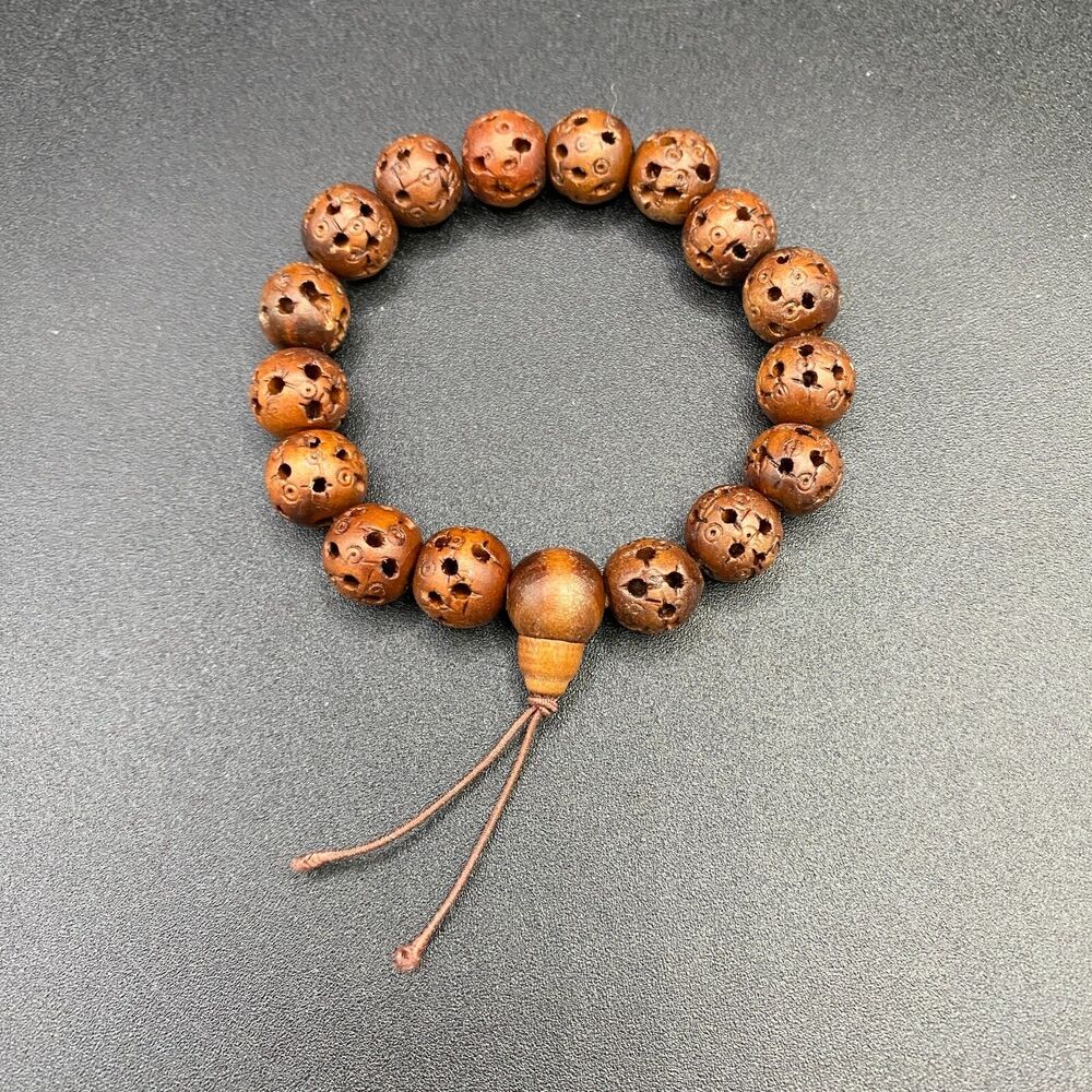 Chinese Hollow Carved & Pierced Wood Bead Stretch Prayer Bracelet